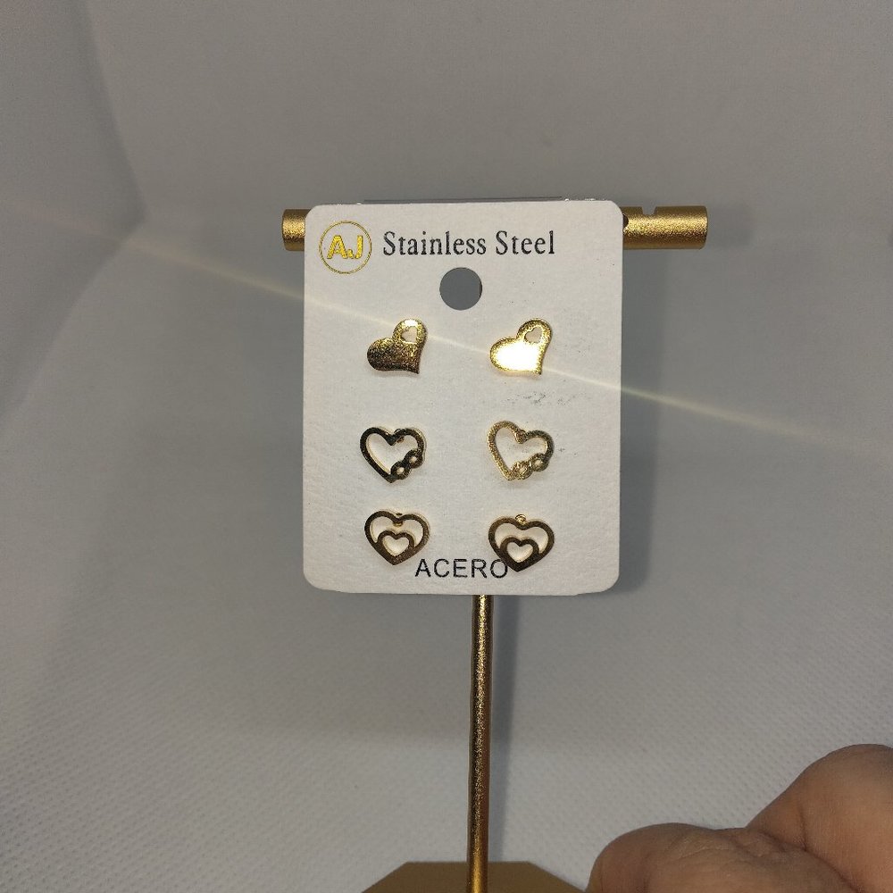 3 Pair Stainless Steel Heart Stud Earring Set